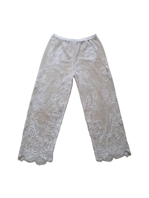 Womens See Through Flower Lace Capris Leggings High Waist Sheer Mesh Cropped Pants Straight Leg Pettipants Half Slip
