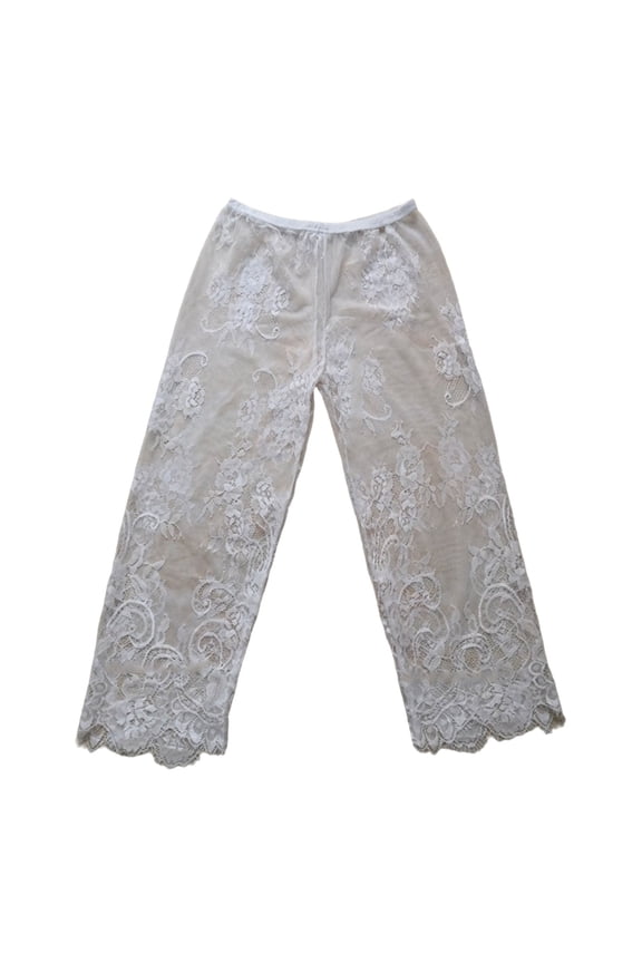 Womens See Through Flower Lace Capris Leggings High Waist Sheer Mesh Cropped Pants Straight Leg Pettipants Half Slip