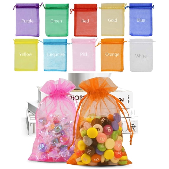 HuiJuMei 100PCS Multi-Colored Organza Bags 5X7 inches Mesh Drawstring Gift Bags for Fruit Protection Bags Jewelry Christmas Wedding Party Baby Shower Favor Bags (Rainbow )