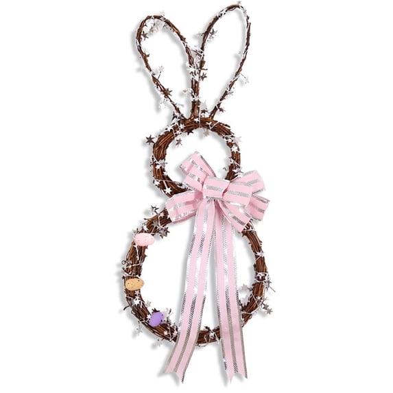 HuiXinOu 19.6 Inch Easter Bunny Wreath Foldable DIY Rattan Ring Decoration with Egg & Bow Bunny Ear Design for Front Door Window Spring Easter Display
