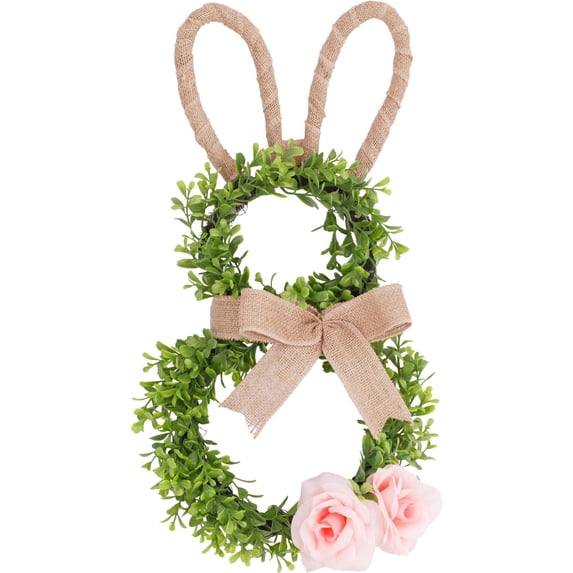 HuiXinOu 20 Inch Easter Bunny Wreath, Artificial Boxwood with Roses & Bow, Spring Front Door or Wall Decor, Porch & Home Holiday Decoration