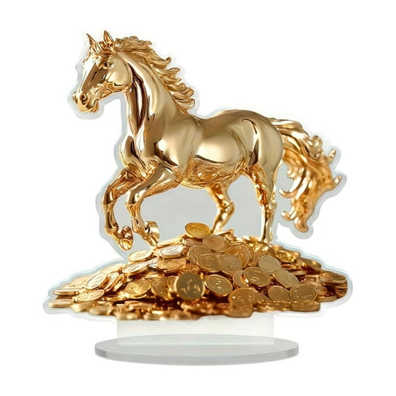 HuiXinOu 2D Acrylic Ornament Wealth Vigour Success Gold Horse Coin Ornament for Lunar New Year Spring Festival Desktop Shelf Decoration Gift