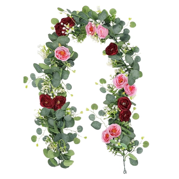HuiXinOu Artificial Flower Garland with Red Roses, 6FT Faux Floral Vine for Wedding Decor, Party Centerpiece, Table Runner, Mantel, Spring Home Decoration