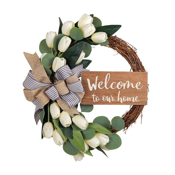 HuiXinOu Artificial Tulip Wreath, Silk Flower Garland with Eucalyptus Leaves and Checkered Linen Bow, Spring Door Hanger and Wall Decor for Home