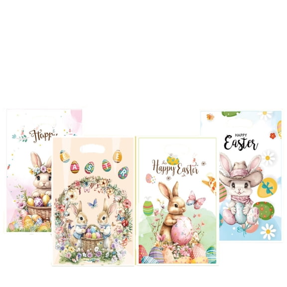 HuiXinOu Bunny Easter Tote Bags 50 Pack Cartoon Rabbit Paper Gift Bags Candy and Snack Treat Bags with Handles for Egg Hunt Party Favors Holiday Supplies