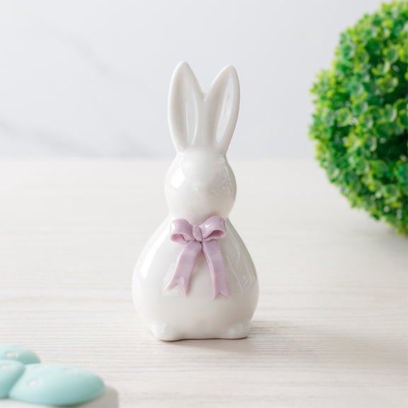 HuiXinOu Ceramic Bunny Figurine Decor White Porcelain Easter Rabbits Statues for Easter Dining Table Centerpiece Tiered Tray Bowl Shelf Home Holiday Decoration and Gift Giving