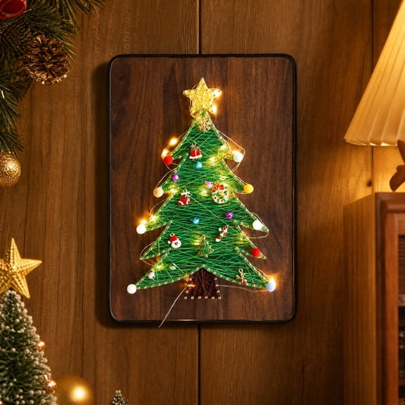 HuiXinOu Christmas String Art Kit, DIY Tree String Art, Nail Winding Thread Painting Set, LED Lights Ornaments Wooden Board, Christmas String Art Kit for Wall, Home, Mantel, Shelf
