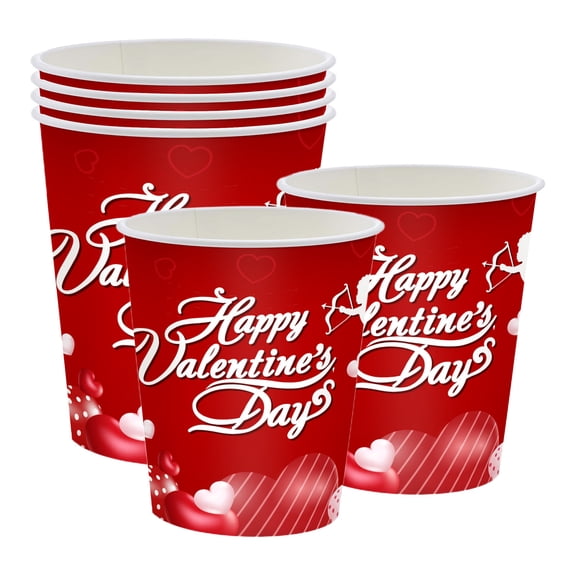 HuiXinOu Disposable Paper Cups Festive Red Valentines's Day Designs - Durable For Hot & Cold Beverages, Party Supplies For Themed Celebrations 20-pack.