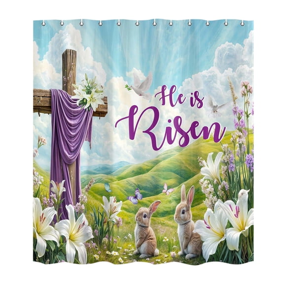 HuiXinOu Easter Bath Curtain Waterproof Linen No-Drill With 12 Hooks Bathroom Shower Curtain Holiday Decor Spring Theme Home Decoration