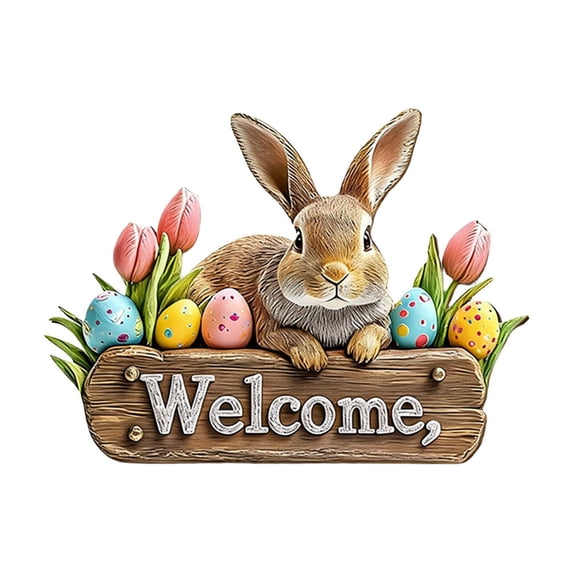 HuiXinOu Easter Bunny 2D Flat Wooden Wall Hanging Sign Welcome Door Decor Spring Holiday Porch Front Door Indoor Decoration