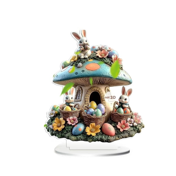 HuiXinOu Easter Bunny Cabin 2D Decor Acrylic Tabletop Decoration Mushroom House Egg Figurine for Spring Home Shelf Desktop Ornament