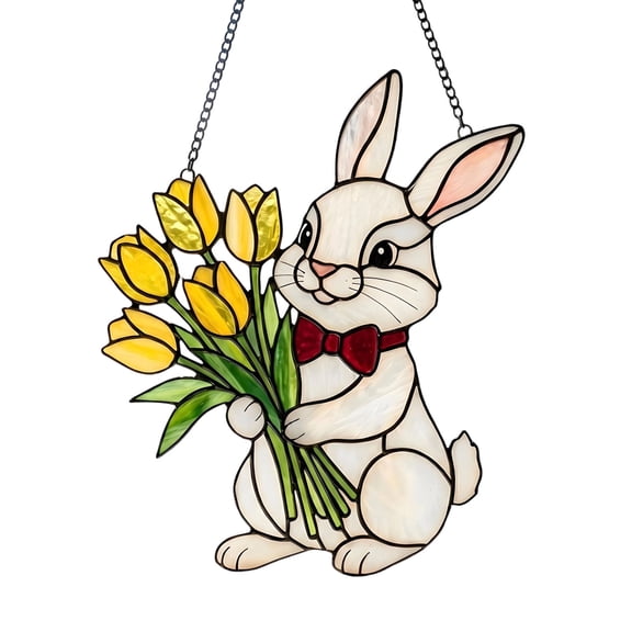 HuiXinOu Easter Bunny Suncatcher Window Hanging Decor, Bunny Holding Flowers Stained Glass Style Ornament, Spring Sun Catcher for Indoor Window, Lovely Gift for Women and Home Decor