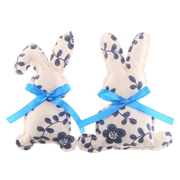 HuiXinOu Easter Decor Blue White Porcelain Fabric Rabbits, Chinese Style Holiday Tabletop Decorations, Spring Home Party Layout Supplies, Pair of Bunny Ornaments