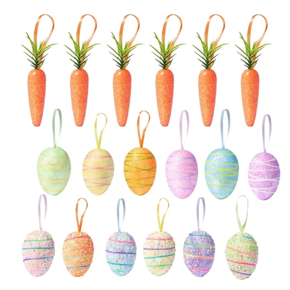 HuiXinOu Easter Decorations Set, 12 Hanging Eggs and 6 Carrot Ornaments, Spring Bunny Holiday Party Supplies for Home Tree Garden Decoration