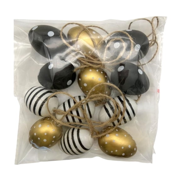HuiXinOu Easter Decorative Egg Set 12 Pieces Black and Gold Patterned Hanging Eggs Ornament Seasonal Holiday Decor for Easter Tree Home Party Tabletop Display