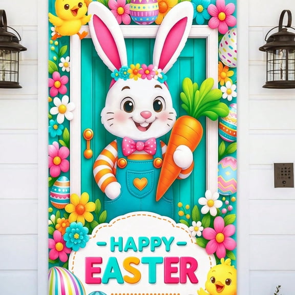 HuiXinOu Easter Door Banner, 35x72 Inch Spring Bunny Egg Decoration for Wall Party, Festive Hanging Curtain for Holiday Decor