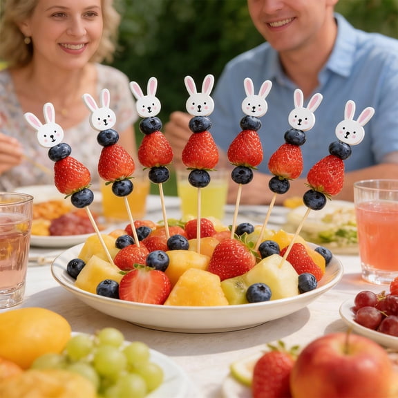 HuiXinOu Easter Fruit Picks, 100 Pack Disposable White Bunny Head Bamboo Skewers, Spring Party Food Decoration for Appetizer, Dessert, Cupcake, Candy, Kids Snack, Holiday Table Setting