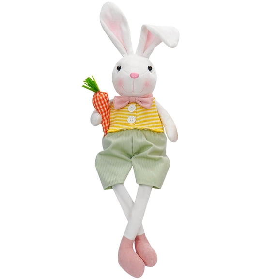 HuiXinOu Easter Plush Bunny Doll with Carrot Basket, Cute Stuffed Animal Holding Veggie Flowers, Decorative Table Ornament for Spring Festival