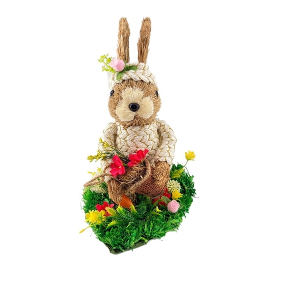 HuiXinOu Easter Rabbit Decor, Handmade Grass Weaving Bunny Ornament with Rope Accent, Rustic Farmhouse Tabletop Decoration for Spring, Easter, Home, Desk, Shelf