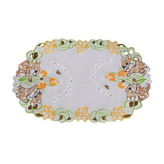 HuiXinOu Easter Round Table Mat, Bunny Embroidery Coaster Placemat for Plates Vase, Heat Insulation Coffee Table Dining Decor