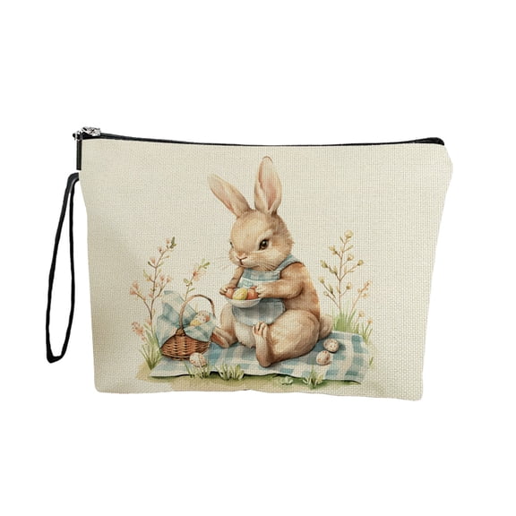 HuiXinOu Easter Themed Makeup Bag, Portable Travel Cosmetic Case with Zipper and Handle, Bunny and Egg Pattern Storage Pouch for Small Items