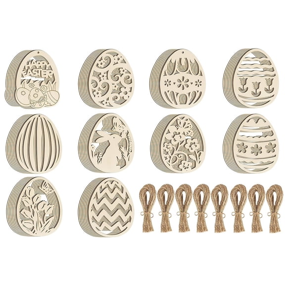 HuiXinOu Easter Wood Slices for Painting 20 Pieces, DIY Craft Kit with Wooden Egg Ornaments and Jute Rope, Kids Holiday Craft Activity for Easter and Spring Decor