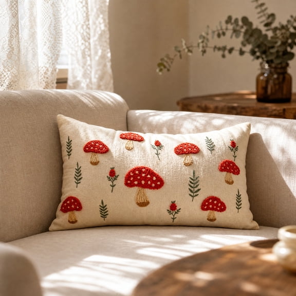 HuiXinOu Fall Linen Embroidered Pillow Cover, Cute Red Spotted Leaf Decorative Cushion Case, Autumn Leaf Pillowcase, Linen Embroidery Cushion Cover for Sofa, Couch, Living Room, Home, Bed