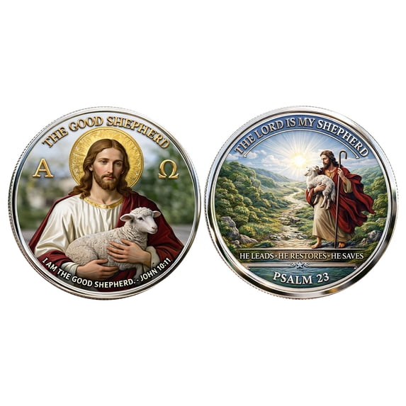 HuiXinOu Good Shepherd Commemorative Coin, Religious Keepsake Christian Gift, Inspirational Pocket Token for Prayer Collection, Bronze Finish Collectible