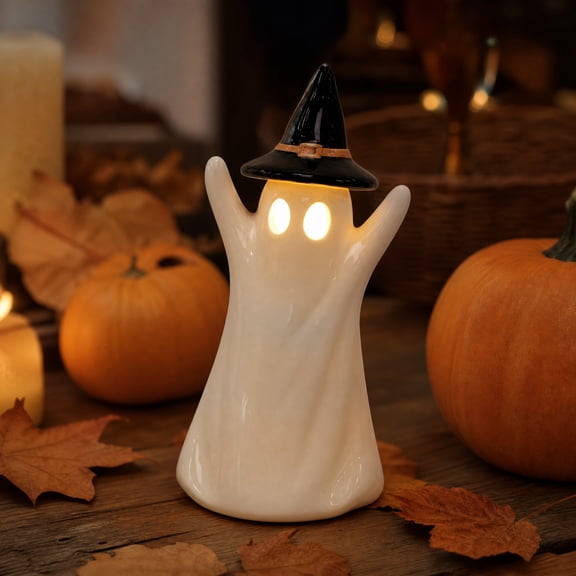 HuiXinOu Halloween Ghost Figurine Light, Warm LED Light with Witch Hat, Ceramic Spooky Tabletop Decor, Halloween Ceramic Ghost Figurine Light for Tabletop, Home, Shelf, Mantel, Desk