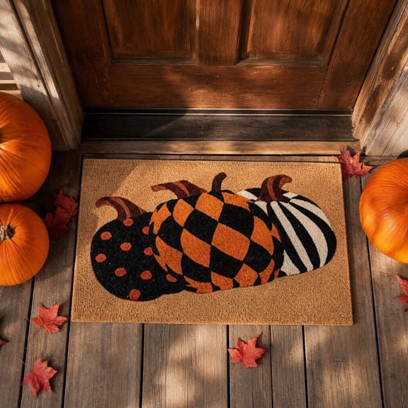 HuiXinOu Halloween Pumpkin Entryway Rug, Black Orange Stripe Doormat, Fall Front Door Mat, Coir Pumpkin Rug, Thanksgiving Porch Decoration for Entryway, Porch, Hallway, Kitchen, Laundry
