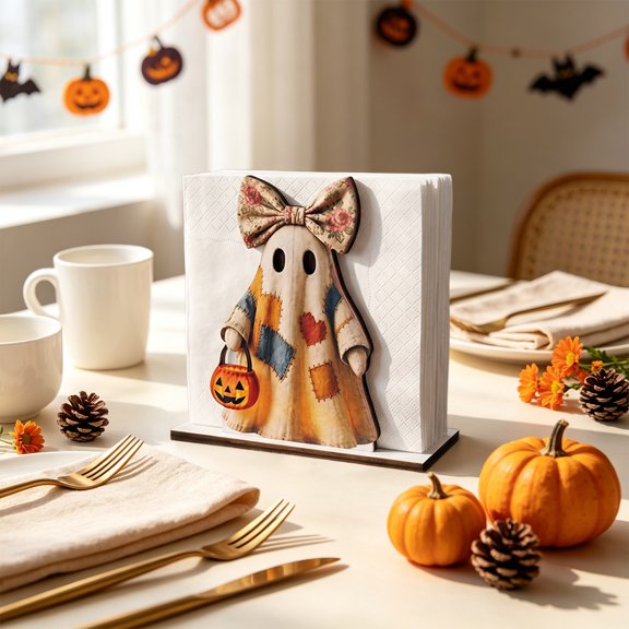 HuiXinOu Halloween Tissue Box Cover, Wooden Ghost Tissue Holder, Cute Spooky Table Decor, Tabletop Decor, Tissue Box Cover for Home, Kitchen, Dining, Restaurant, Coffee Table