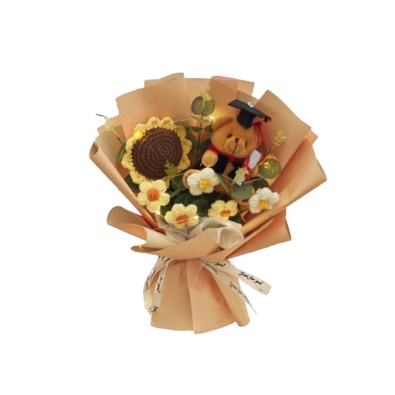 HuiXinOu Hand Woven Sunflower Bouquet With Plush Bear 2026 Graduation Gift For Graduation Celebration Ceremony Classmate Friend Gift