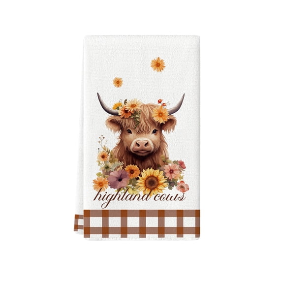 HuiXinOu Highland Cow Floral Absorbent Towel 15.7x23.6in Farmhouse Style Kitchen Dish Towel Bathroom Decor Towel for Housewarming Gift & Daily Use