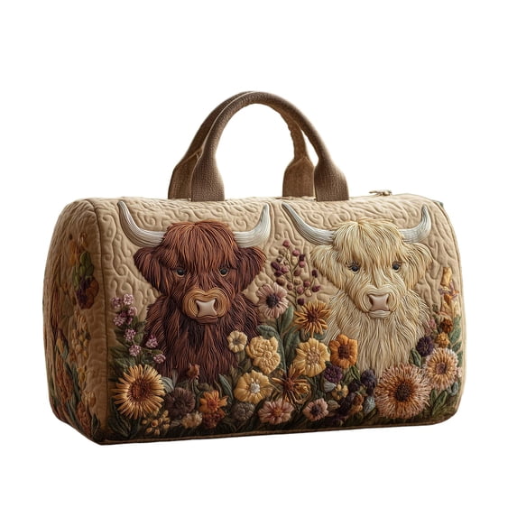 HuiXinOu Highland Cow Travel Bag Quilted Embroidered Tote Handbag for Women Portable Storage Bag for Daily Use
