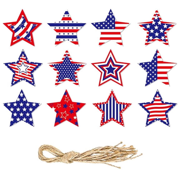 HuiXinOu Independence Day Decorations 12 Pack, Wood Star Ornaments 4th of July Hanging Decor, Rustic Patriotic Gift Tags for Farmhouse Mantel, USA Flag Party Supplies