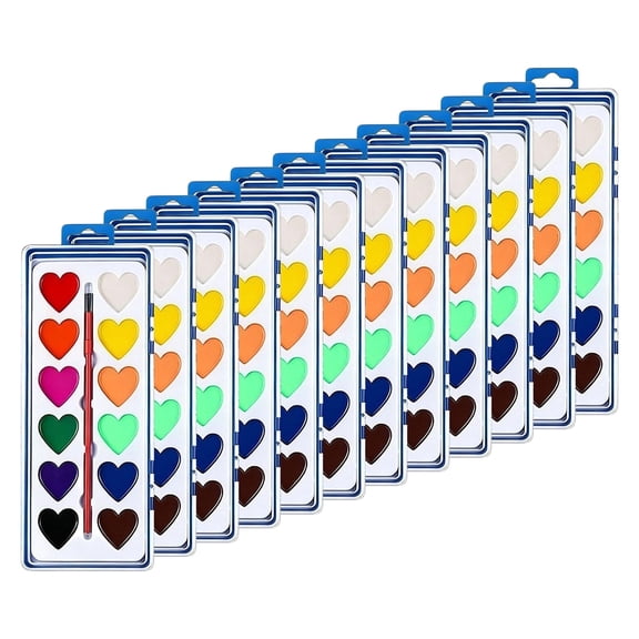 HuiXinOu Kids Watercolor Painting Set, 16 Color Heart Shaped Semi Moist Pans in Box, 12 Pack Art Supplies for Children's Craft & School , Multicolor