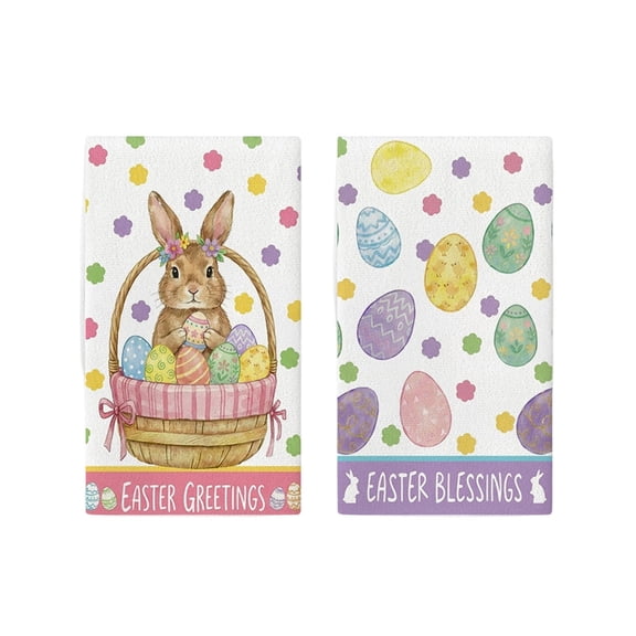 HuiXinOu Kitchen Towels, Set of 2 Easter Themed Hand and Dish Towels, 23.6x15.7oz Absorbent Cotton Towels for Cooking Baking Drying