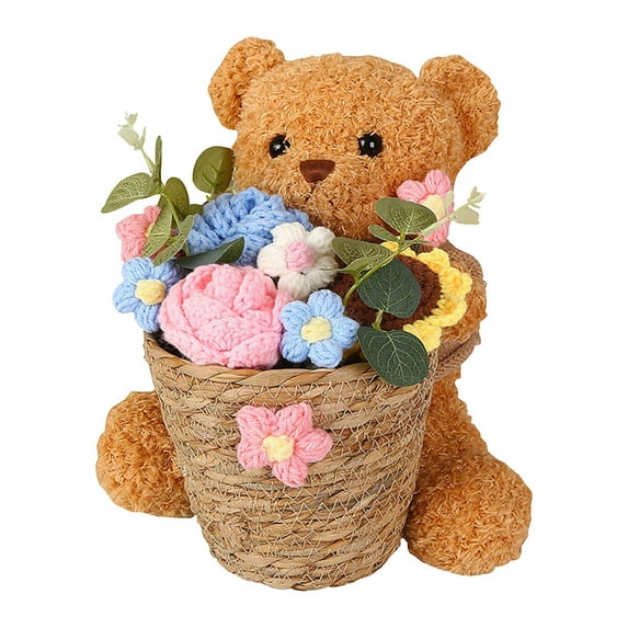 HuiXinOu Knitted Flower Bear Style, Teddy Bear with Flowers, For Girlfriend Lover's Birthday, Valentine's Day Gift Home Decoration, Pink