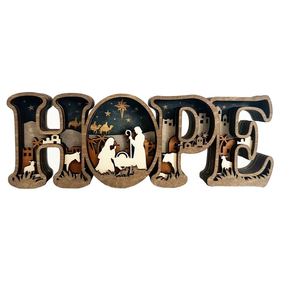 HuiXinOu Lighted Nativity Scene Wooden Letter Decor Tabletop Hope Ornament for Easter Christmas Table Mantle Shelf Home Religious Holiday Decoration