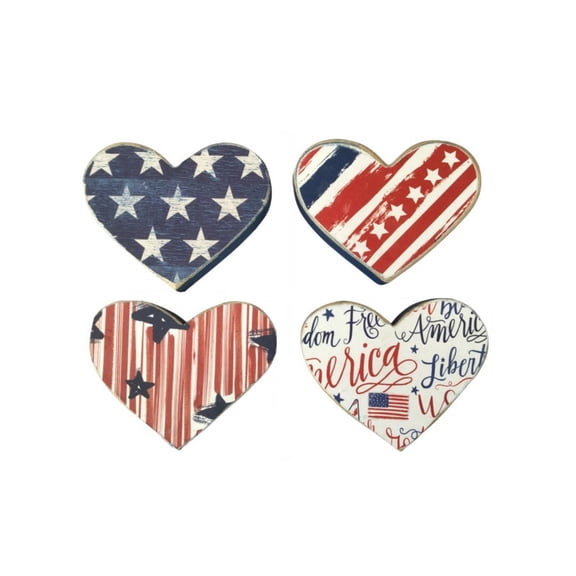 HuiXinOu Patriotic Wooden Heart Ornament Set of 4 Americana Style Decor Table Centerpiece for 4th of July Independence Day Home Tiered Tray Tabletop Decor Crafts
