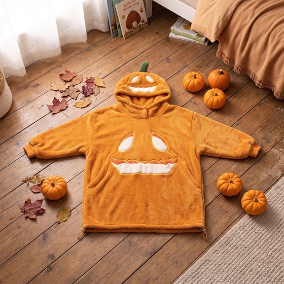 HuiXinOu Pumpkin Face Hooded Blanket, Soft Cozy Pumpkin Face Onesie Sleepwear, Oversized Hoodie Pajamas for Holiday, Halloween Pumpkin Hooded Blanket for Home, Lounge, Living Room, Bedroom