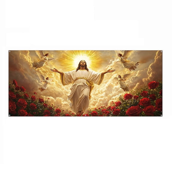 HuiXinOu Religious Garage Door Banner, The Ascension of Christ Fabric Print 400x180cm, Inspirational Outdoor Indoor Decoration for Christian Holidays, Church Events