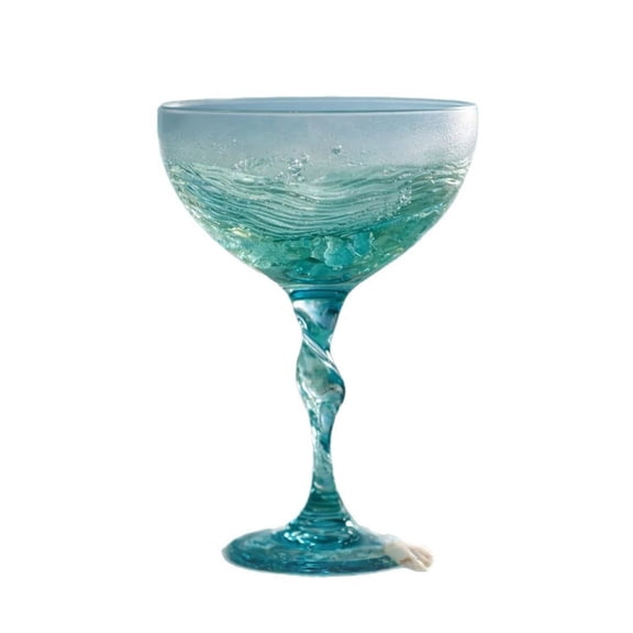 HuiXinOu Sea Glass Wine Glass Set, Ocean Wave Design Stemless Drinking Goblets for Champagne Cocktail Juice, Dishwasher Safe, A