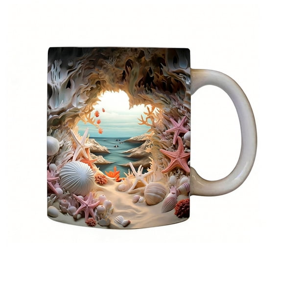 HuiXinOu Seashell Beach Ceramic Coffee Mug 13.5oz, Coastal Ocean Theme Design, Perfect Gift for Shell Lovers, Nautical Home Decor and Kitchen Drinkware for Tea and Coffee