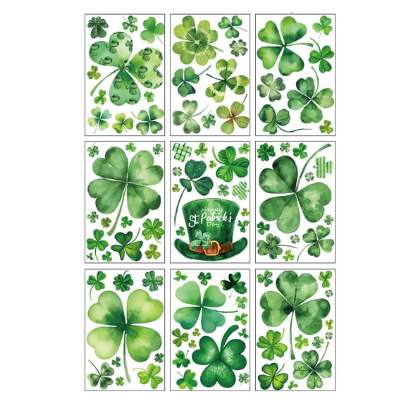 HuiXinOu St. Patrick's Day Static Cling Window Decals 9pcs, Removable Glass Door Decor for Home, Office, Storefront, Green Holiday Trefoil Stickers