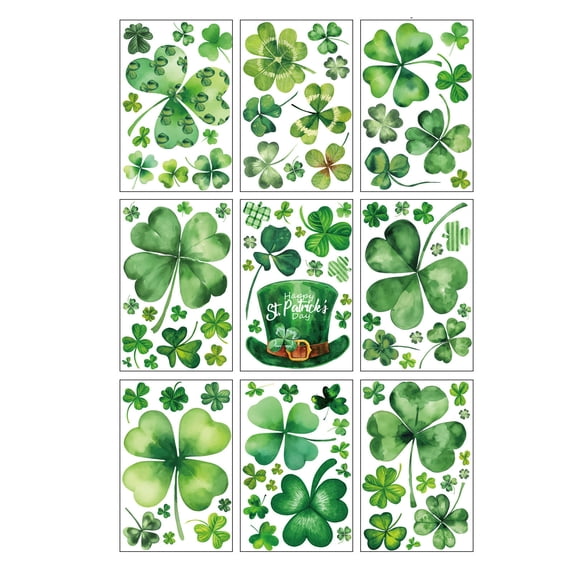 HuiXinOu St. Patrick's Day Static Cling Window Decals 9pcs, Removable Glass Door Decor for Home, Office, Storefront, Green Holiday Trefoil Stickers
