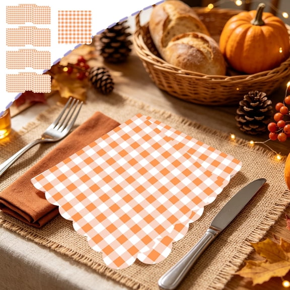 HuiXinOu Thanksgiving Disposable Tableware, 50PC Orange Check Tableware Pack, Thanksgiving Banquet Reunion Set, Party Table Ornament Pieces, Thanksgiving Tableware for Banquet, Party, Table