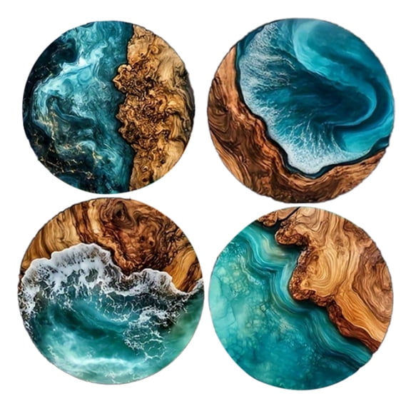 HuiXinOu Tropical Wood Grain Coasters - Set of 4 Heat Resistant Drink Mats with Ocean Themed Patterns, Absorbent Insulating Pads for Table and Glassware Protection