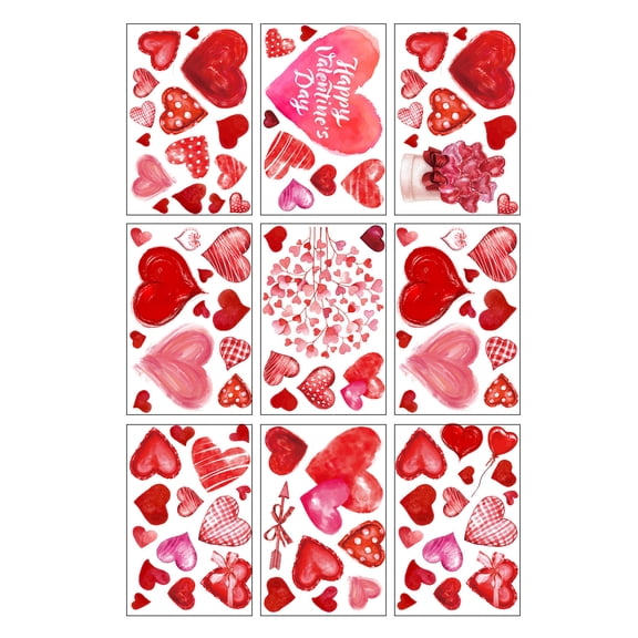 HuiXinOu Valentine's Day Static Cling Window Decals, 9 Pack Watercolor Heart Stickers for Glass Doors and Windows, Removable Holiday Home Decor