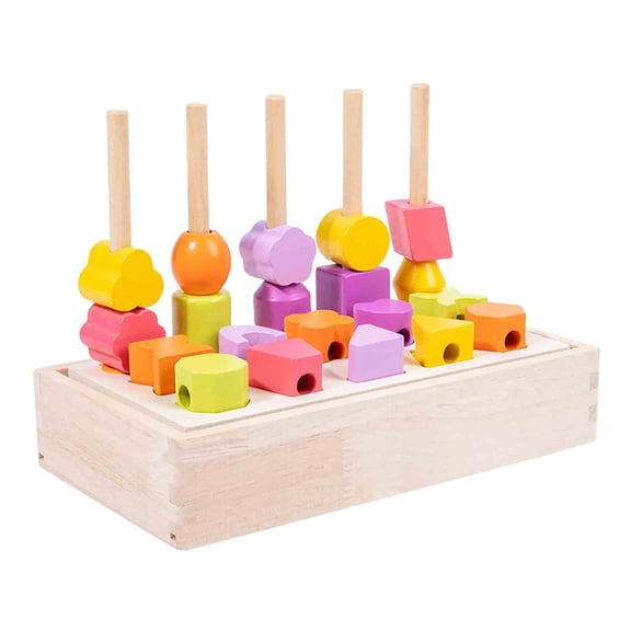 HuiXinOu Wooden Beads Sequencing Toy Set, Educational Preschool Learning Toy for Kids, 5 Stacking Blocks and Lacing Beads, Shape Matching Stacker for Early Development Skills